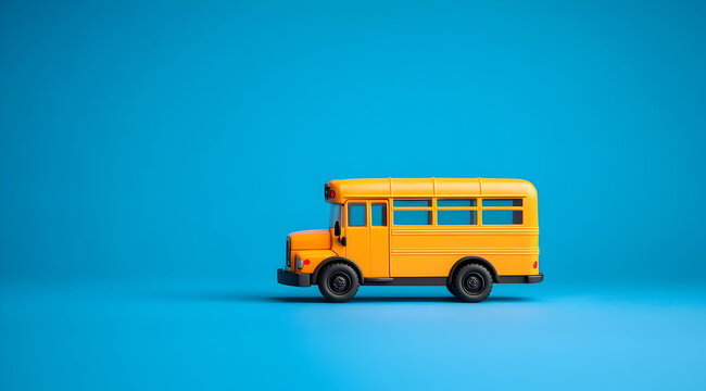 A vibrant yellow toy bus against a bright blue background, perfect for children's themes, transportation concepts, or playful designs.