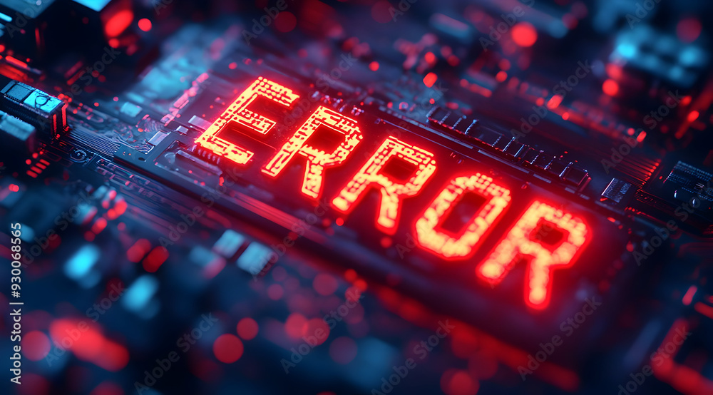 Poster close-up of a computer circuit board displaying a vivid red 'error' message, symbolizing system malf