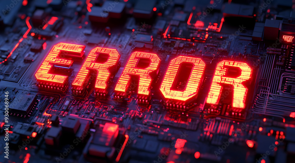 Poster close-up of illuminated error message on a circuit board, highlighting technology failing and digita