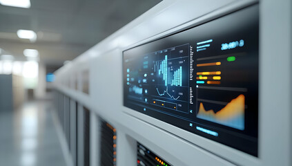 Close-up view of a digital display panel showcasing data analytics and graphs in a modern data center environment.