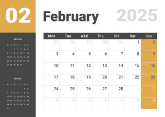 Template design of Monthly Calendar on February 2025. Vector layout grid of calendar with week start Monday with previous and next month dates. Page for size A4 -21x29.7 cm.