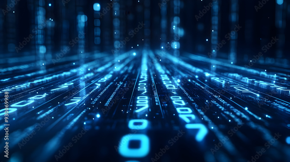Poster futuristic digital background with glowing blue lines and numbers creating a sense of depth and tech