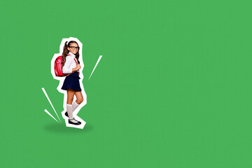 Composite photo collage of happy schoolgirl carry backpack education back study september season fall isolated on painted background