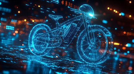 Futuristic blue electric bike in a digital environment showcasing innovation and modern technology.