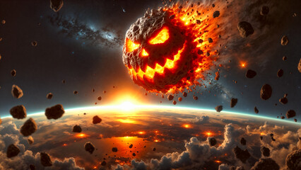 Massive asteroid with evil face entering Earth's atmosphere with fiery trail, detailed rocky surface against backdrop of space and planet below. Scene conveys sense of cosmic drama and peril.