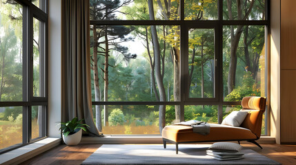 Obraz premium Living Room with Chaise Lounge and Forest View 3D Illustration