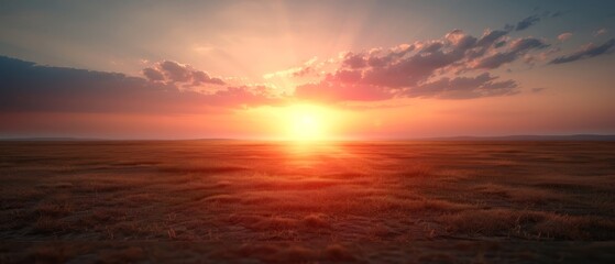 Fototapeta premium The sun sets over the distant mountain range as the horizon glows with a large field of dry grass