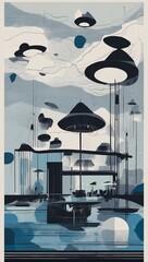 A minimal and strange illustration of a whimsical floating restaurant with abstract details, with a color scheme of deep blacks, grays, and blues, using risograph