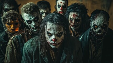 A group of eerie, painted figures with sinister expressions, embodying the essence of horror and macabre in a chilling atmosphere.