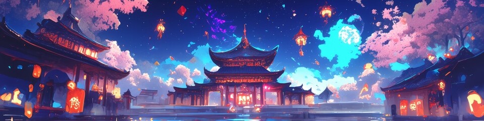 Fototapeta premium Illuminated Chinese Buddhist Temple Celebrating Mid-Autumn Festival: Enchanting Night Scene with Traditional Lanterns. AI-Generated Digital Art in Anime Style for Marketing, UI Design, and Seasonal Gr