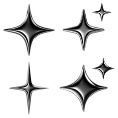 Glossy chrome sparkle 3D icons set isolated. Silver metal 4 point star png, futuristic 3D elements, shiny spark
