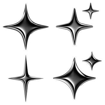 Glossy chrome sparkle 3D icons set isolated. Silver metal 4 point star png, futuristic 3D elements, shiny spark