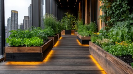 A modern balcony garden with wooden planters and lush greenery, illuminated by soft lights, overlooking a city skyline.