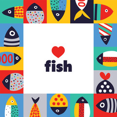 Interior poster with cute decorative fish.Vector illustration. Frame.