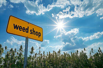 Fototapeta premium A bright weed shop sign under a clear sky, surrounded by beautiful green foliage and shining sun, perfect for cannabis-related content.