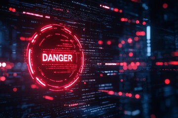 A glowing red warning icon with text "DANGER" inside, overlaid on a dark digital interface filled with code lines, symbolizing detected threats in a cybersecurity system. 