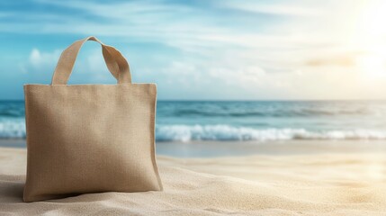 A simple beach bag resting on sandy shore with ocean waves in the background, ideal for vacation and summer themes.