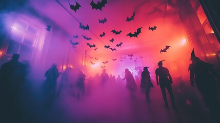 A spooky scene filled with silhouettes, fog, and flying bats creates an eerie atmosphere perfect for Halloween-themed projects.