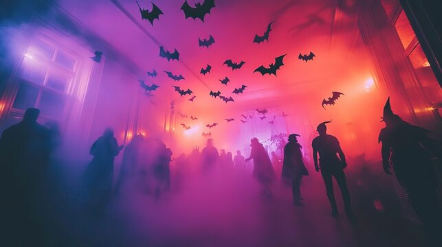 A spooky scene filled with silhouettes, fog, and flying bats creates an eerie atmosphere perfect for Halloween-themed projects.