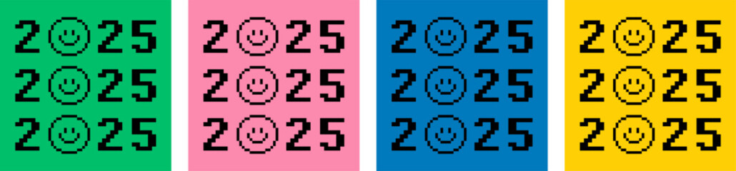 2025 Happy New Year poster set. Pixel art postcard. Minimalistic design for celebration, season decoration, banner, cover, sticker. Pixels Y2k trendy playful background. 8-bit vector illustration
