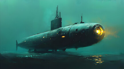 A mysterious submarine explores the depths of an ocean, illuminated by a soft glow, capturing the essence of underwater adventure.