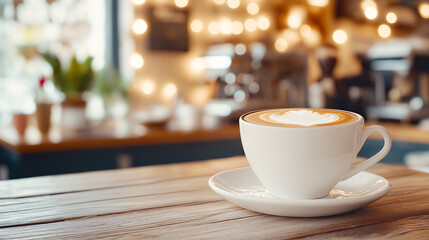 Fototapeta premium Cappuccino coffee cup at cafe table with latte art. Close up of rosetta flower drawing in foam.