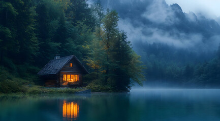 Fototapeta premium A serene lakeside cabin surrounded by misty mountains and lush trees, evoking tranquility and peaceful solitude in nature.