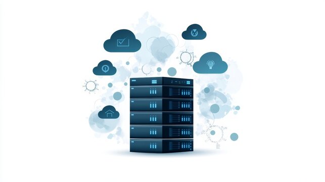 Modern data storage concept featuring server stack with cloud symbols, representing technology, network and digital solutions.