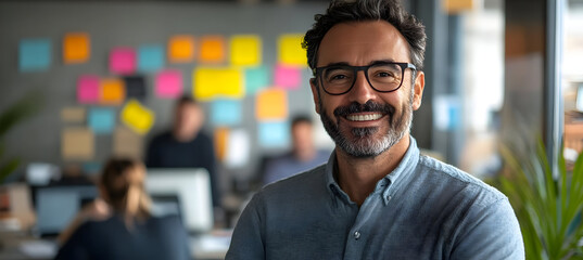 Fototapeta premium A smiling man in glasses poses confidently in a modern workspace filled with colorful sticky notes.