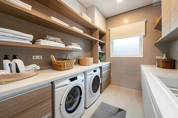 Modern Laundry Room Interior with White Cabinets, Wooden Shelves, and Washing Machines - Photo