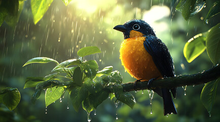 Naklejka premium A vibrant bird perched on a branch, illuminated by soft light, amidst a gentle rain. Perfect for nature lovers and wildlife enthusiasts.
