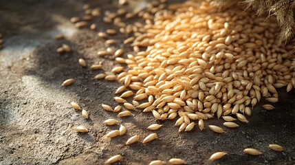 Fototapeta premium Scattered Organic Wheat Grains on Rustic Surface in 3D