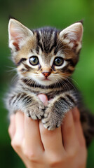 Obraz premium A tiny kitten with big green eyes is being held by a person