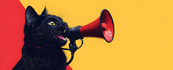 A vibrant black cat with a megaphone, symbolizing communication and creativity against a bold yellow background.