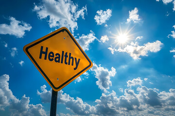 Naklejka premium A vibrant 'Healthy' sign against a bright blue sky and fluffy clouds, symbolizing wellness and a positive lifestyle.