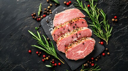 Delicious Tasty Salt Pork with Peppercorns and Rosemary Top View