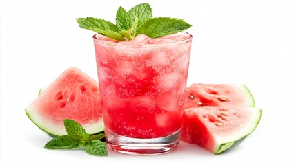 Refreshing Summer Watermelon Drink with Mint in Glass on White Background