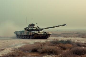 Camouflaged Tank in Desert Landscape.