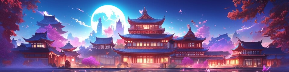 Fototapeta premium Enchanting Mid-Autumn Festival: Illuminated Chinese Buddhist Temple Adorned with Traditional Lanterns. AI-Generated Digital Art in Anime Style for Seasonal Marketing, UI Design, and Cinematic Greeting