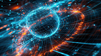 Abstract 3D holographic element with a futuristic, digital theme on a black background