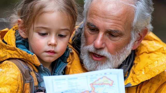 A grandfather and his granddaughter examine a map while enjoying a day outdoors in the forest, making memories together.