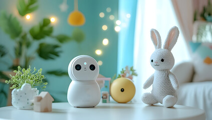 Cute plush toys arranged on a table, featuring an owl and a bunny in a vibrant, cozy room with playful decor and soft lighting.