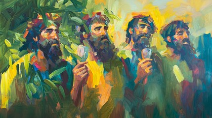 Obraz premium Vibrant Oil Painting Depicting Four Bearded Men Holding Glasses in Lush Greenery