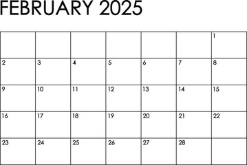 February 2025 month calendar. Simple black and white design