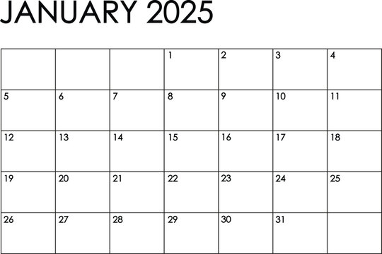 January 2025 month calendar. Simple black and white design