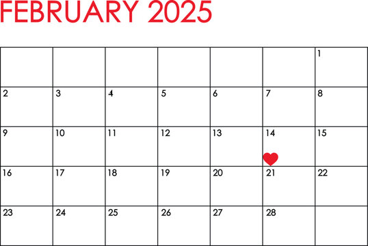 February 2025 month calendar. Simple design in red and black colors and a heart marking Valentine's Day on February 14th