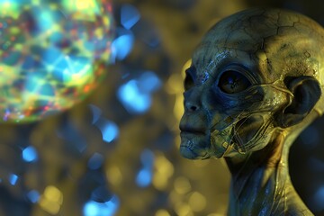 Close-up of an alien with a cracked and weathered skin, staring at a glowing orb.