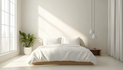 Minimalist bedroom with white bedding and curtains.
