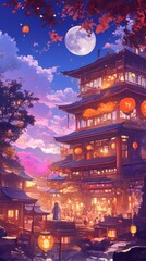 Fototapeta premium Enchanting Mid-Autumn Festival: Illuminated Chinese Buddhist Temple Adorned with Traditional Lanterns. AI-Generated Digital Art in Anime Style for Seasonal Marketing, UI Design, and Cinematic Greeting