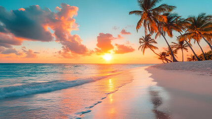 Serene beach at sunset with soft waves and palm trees under a colorful sky. Ideal for relaxation and tropical getaway themes.